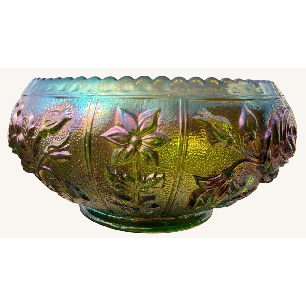 Vintage Imperial Glass Helios Green Carnival Glass Open Rose Bowl Iridescent - Picture 2 of 9